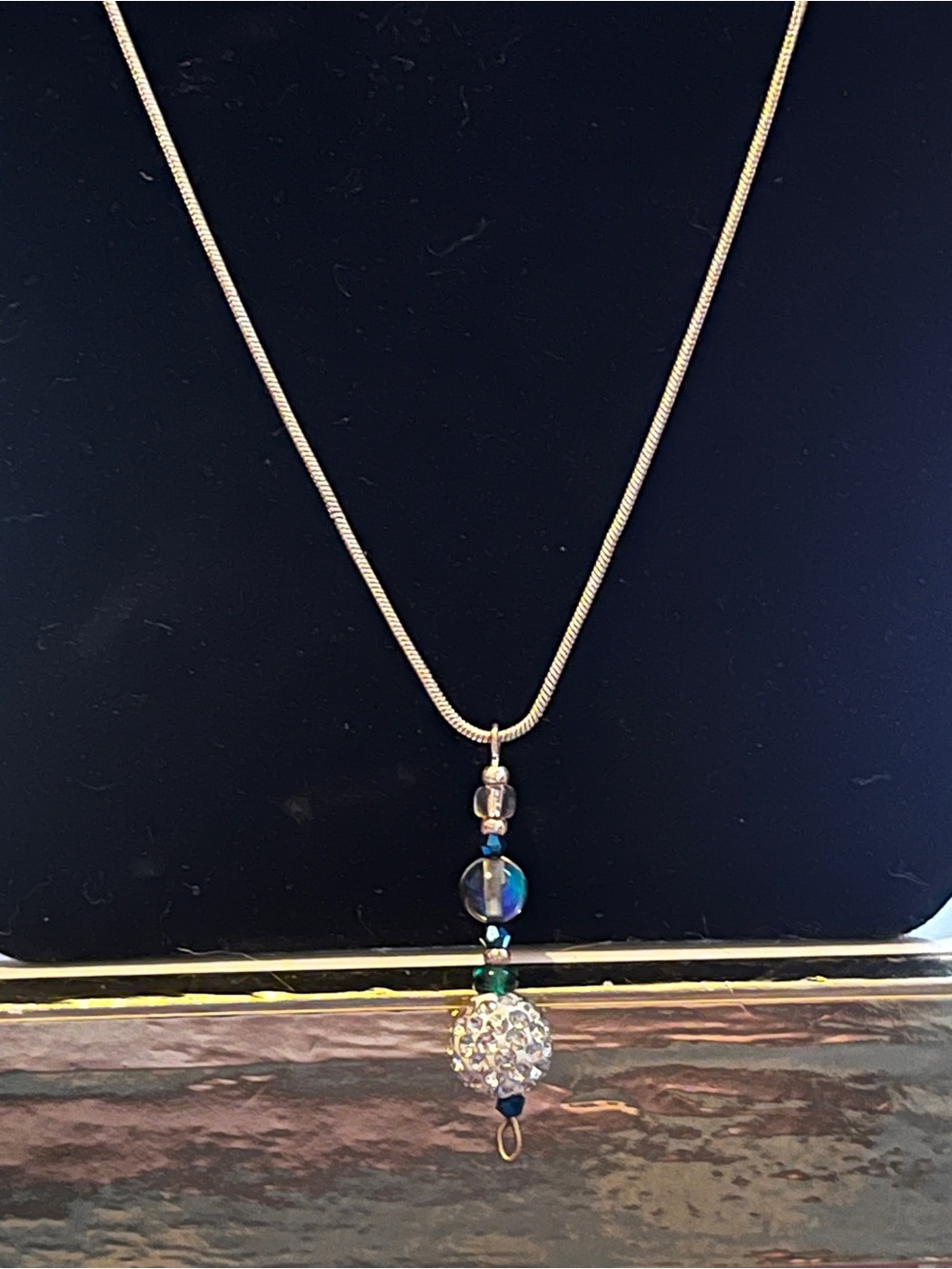 Gold-Tone Pendant Necklace with Iridescent and Crystal Bead Accent